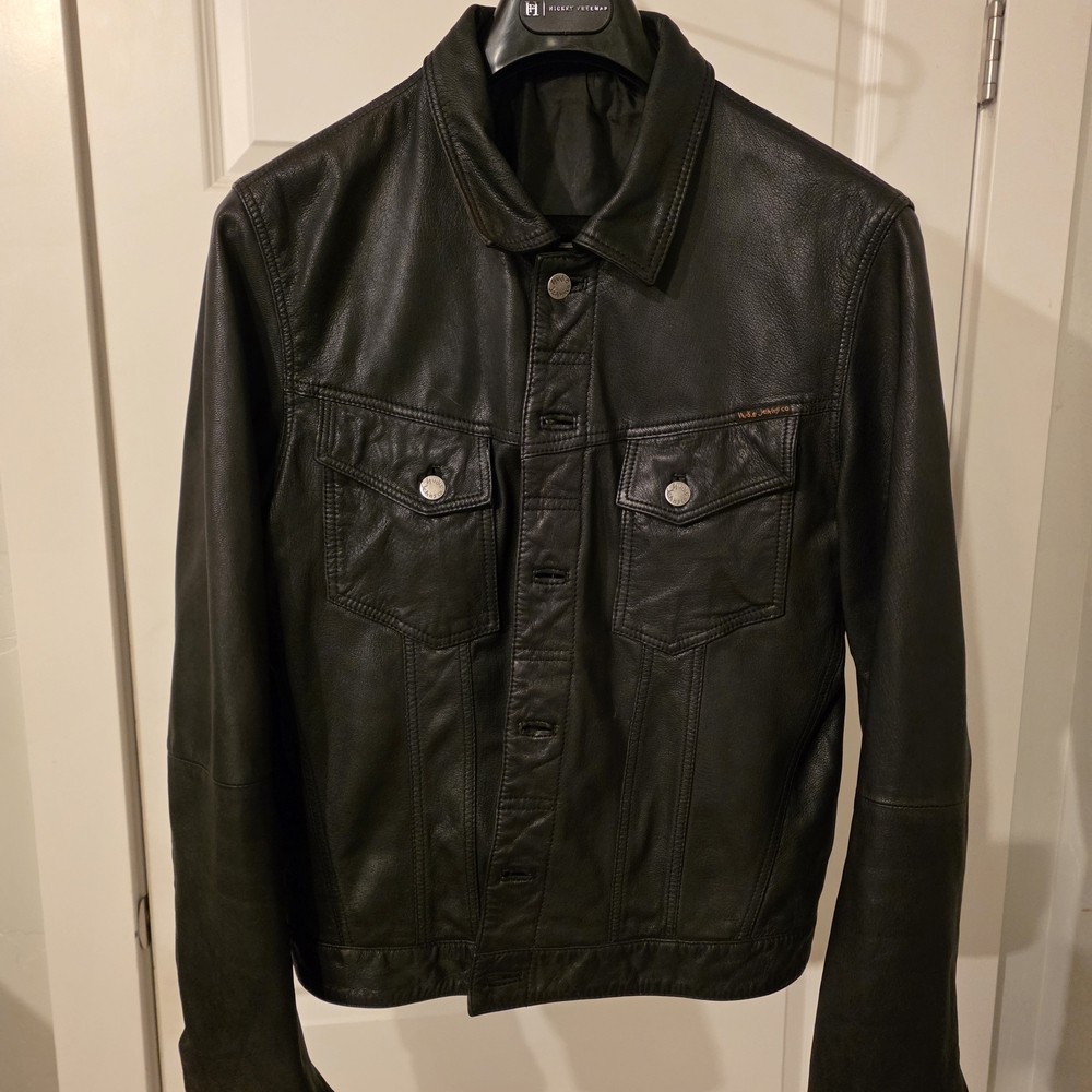 Nudie Jeans black leather Trucker jacket M